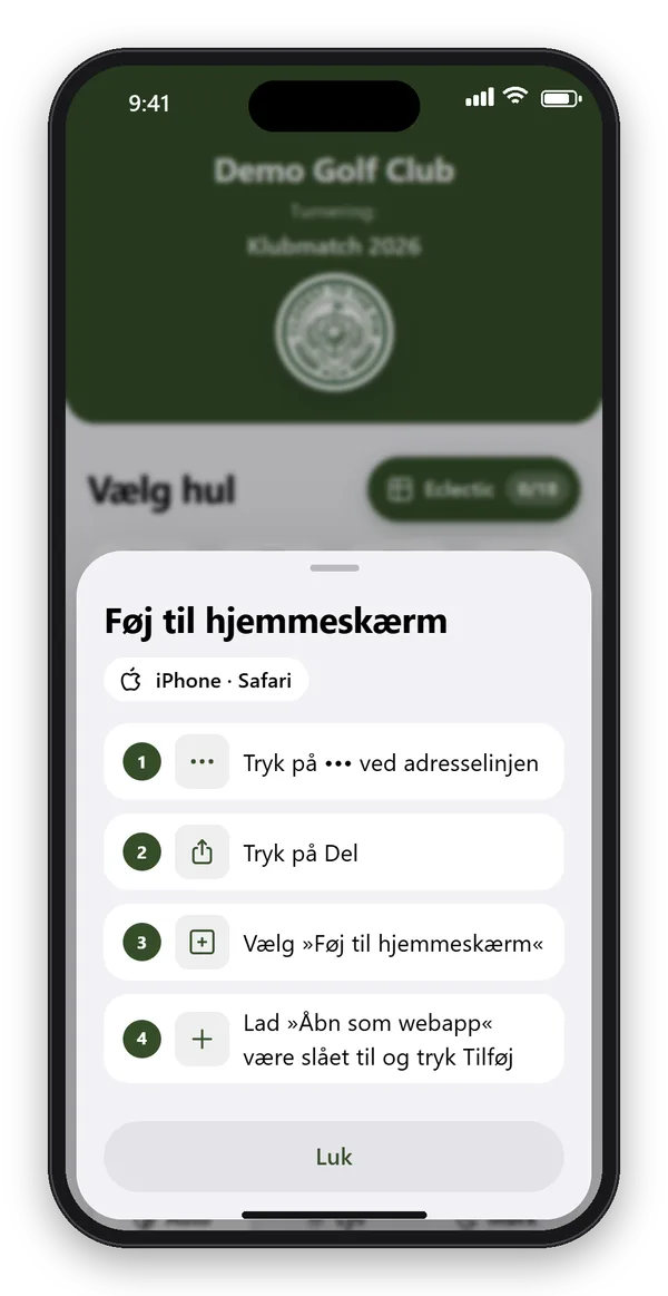 Guide i appen med fire trin til at lægge CTTP Golf på hjemmeskærmen på en iPhone med Safari