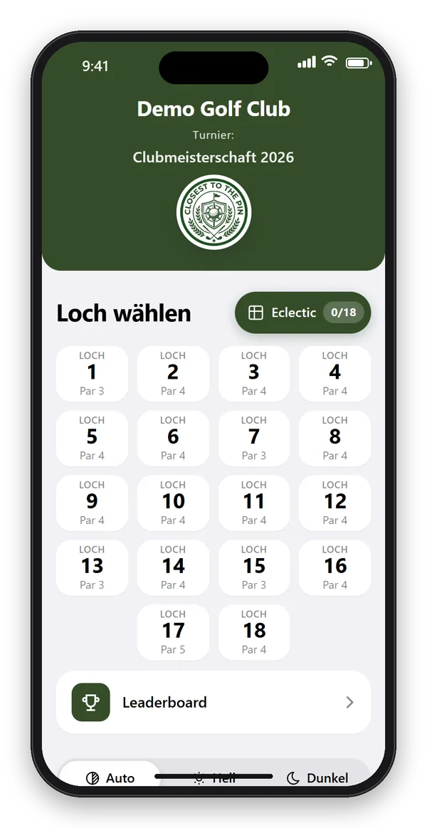 CTTP Golf-App auf dem Smartphone: große Schaltflächen für Loch 1 bis 18 mit Par, in den Farben und mit dem Logo des Clubs