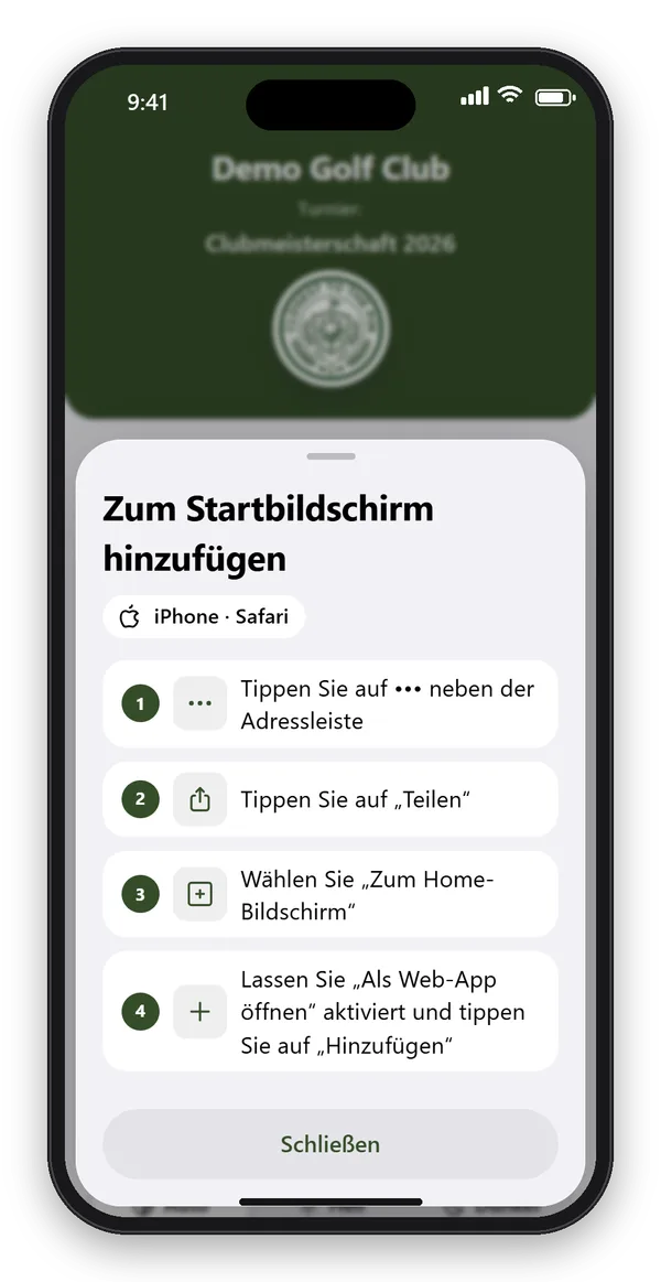 Anleitung in der App mit vier Schritten, um CTTP Golf auf einem iPhone mit Safari zum Home-Bildschirm hinzuzufügen