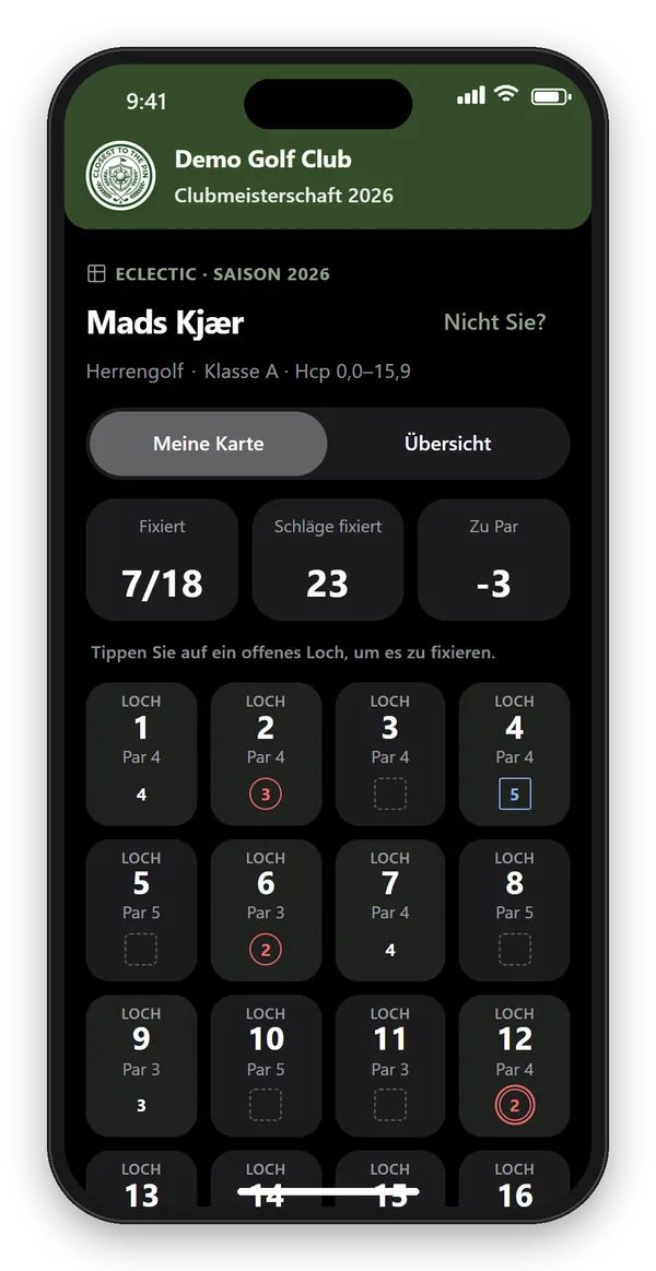 Eclectic-Scorekarte in der App im dunklen Design, mit fixierten Löchern, Schlägen und Ergebnis zu Par