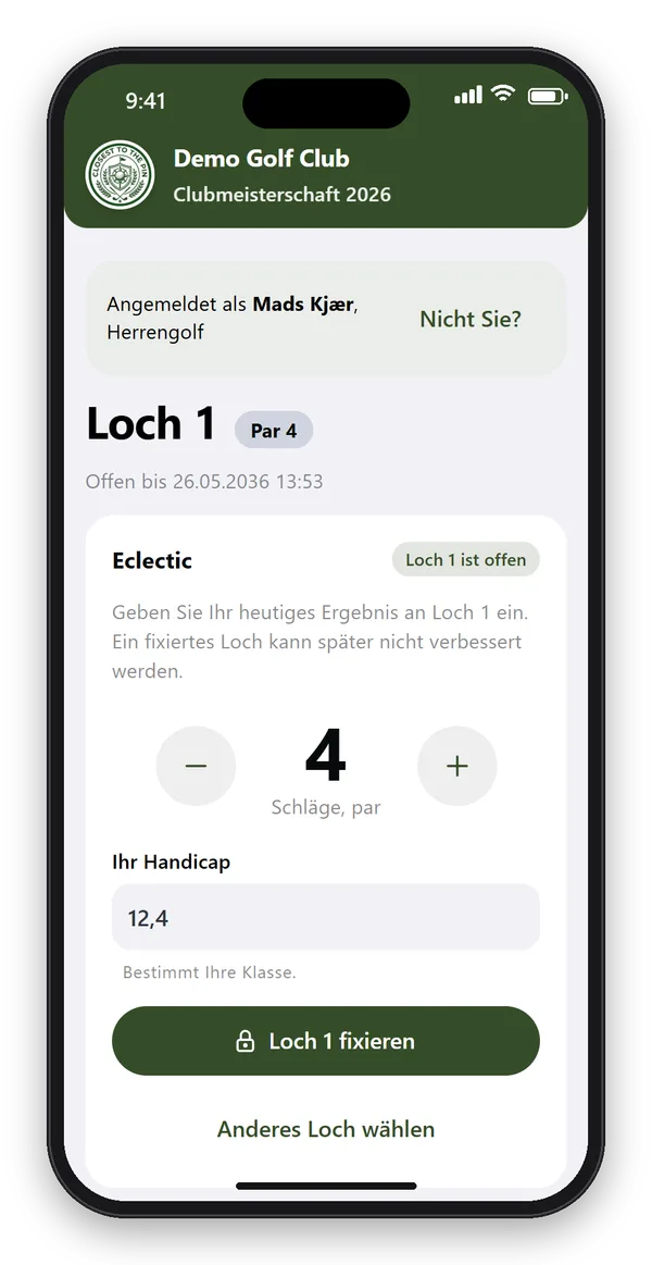 Eclectic-Loch fixieren: Der Spieler gibt 4 Schläge an Loch 1, Par 4, und sein Handicap 12,4 ein und tippt auf Loch 1 fixieren