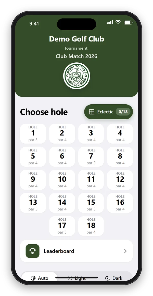 CTTP Golf app on a phone: big Choose hole buttons for holes 1 to 18 with their par, in the golf club's colors and logo