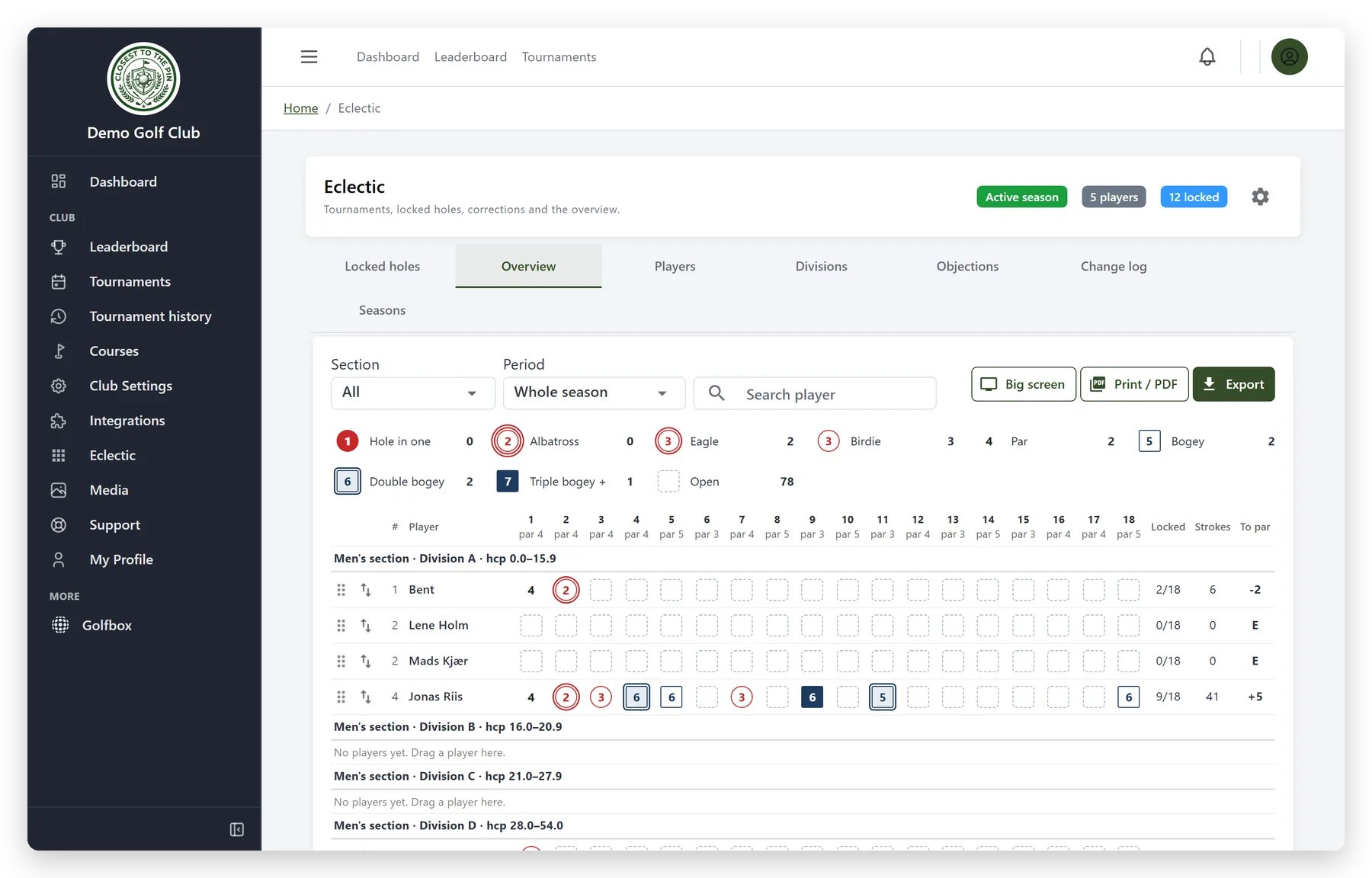 Eclectic in the admin: season overview laid out like a scorecard for all 18 holes, handicap divisions, and Big screen, Print and Export buttons