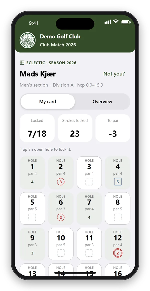 Player's Eclectic scorecard in the app: 7 of 18 holes locked, 23 strokes, 3 under par, with birdies circled