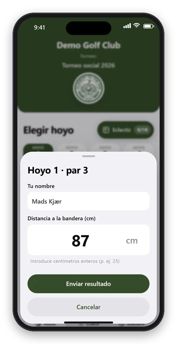 Entrada en la app de CTTP Golf: nombre del jugador y distancia a la bandera, 87 cm, en el hoyo 1, par 3, y el botón Enviar resultado