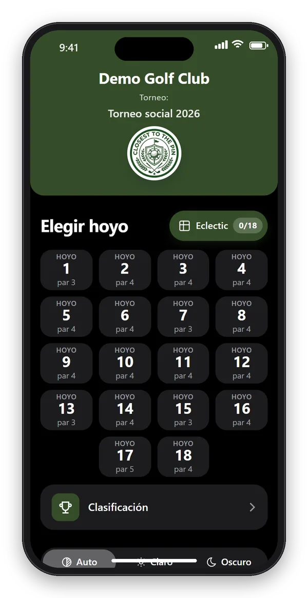 App de CTTP Golf en tema oscuro con la selección de hoyo y el botón de la clasificación