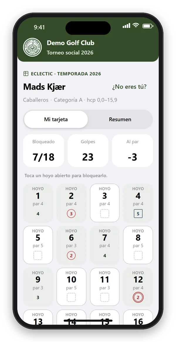 Tarjeta Eclectic del jugador en la app: 7 de 18 hoyos bloqueados, 23 golpes y 3 bajo par, con los birdies en un círculo