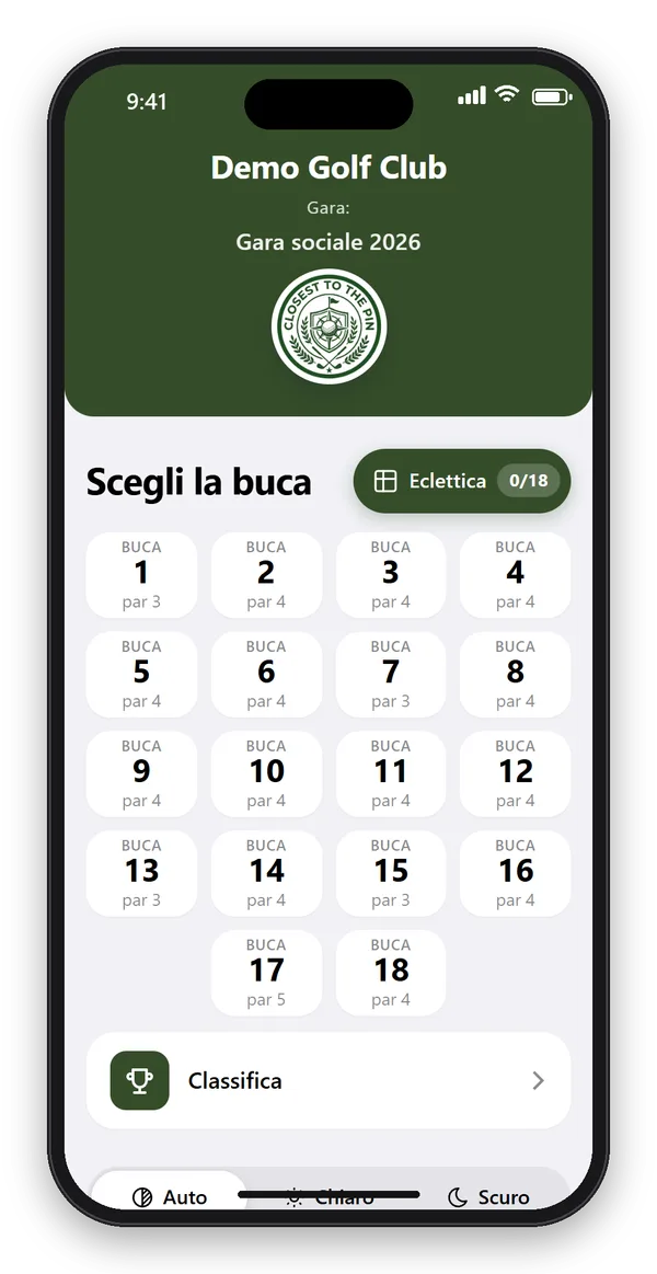 App CTTP Golf su smartphone: grandi pulsanti per le buche da 1 a 18 con il par, nei colori e con il logo del Demo Golf Club