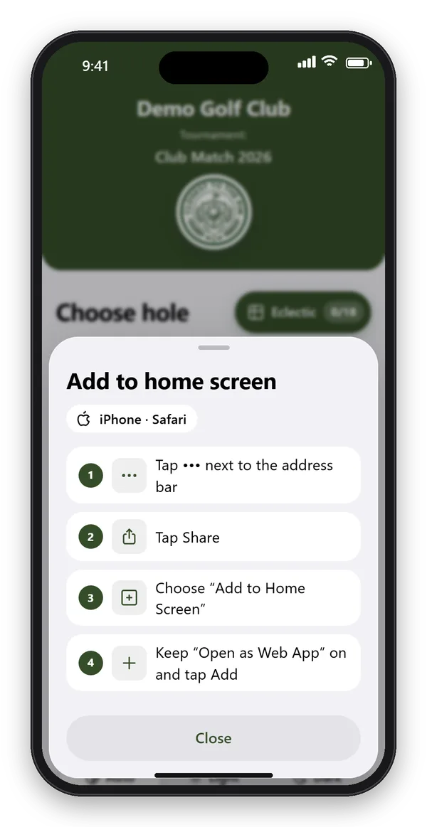 アプリ内のガイド：iPhoneのSafariでCTTP Golfをホーム画面に追加する4つの手順