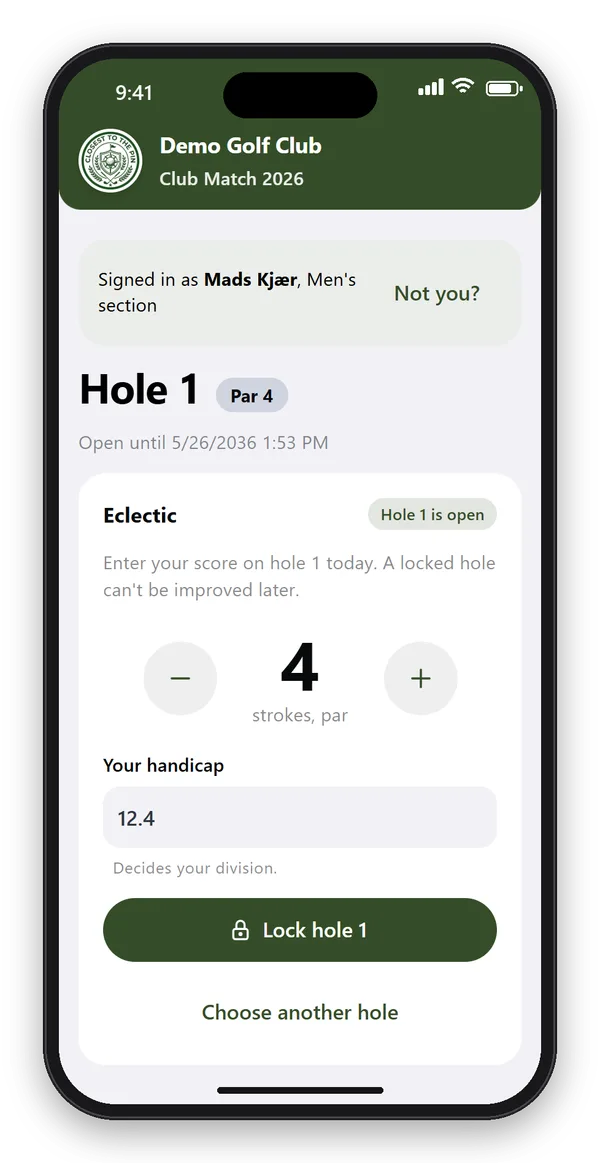 エクレクティックでホールを確定：1番ホール（パー4）に4打、ハンディキャップ12.4を入力し「Lock hole 1」をタップ