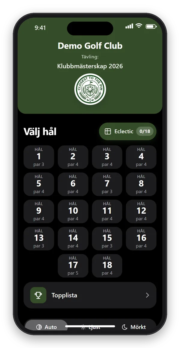 CTTP Golf-appen i mörkt tema med hålval, knapp till eclectic och topplistan