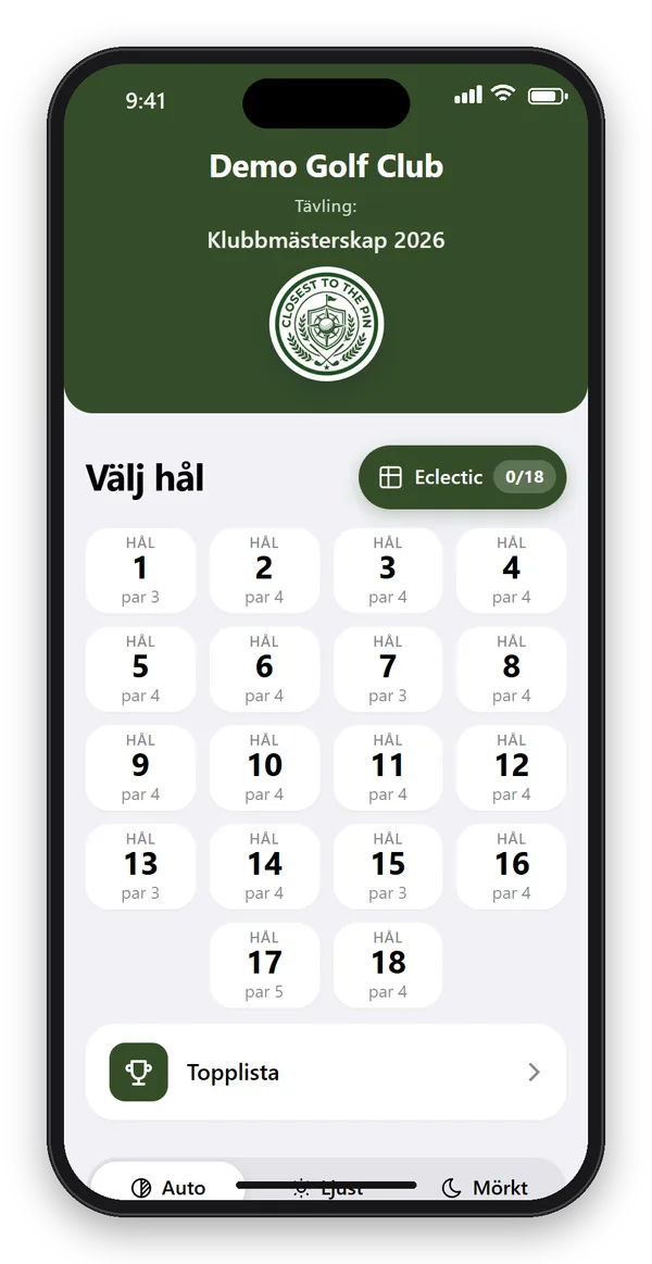 CTTP Golf-appen i mobilen: Välj hål med stora knappar för hål 1 till 18 med par, i klubbens färger och logga