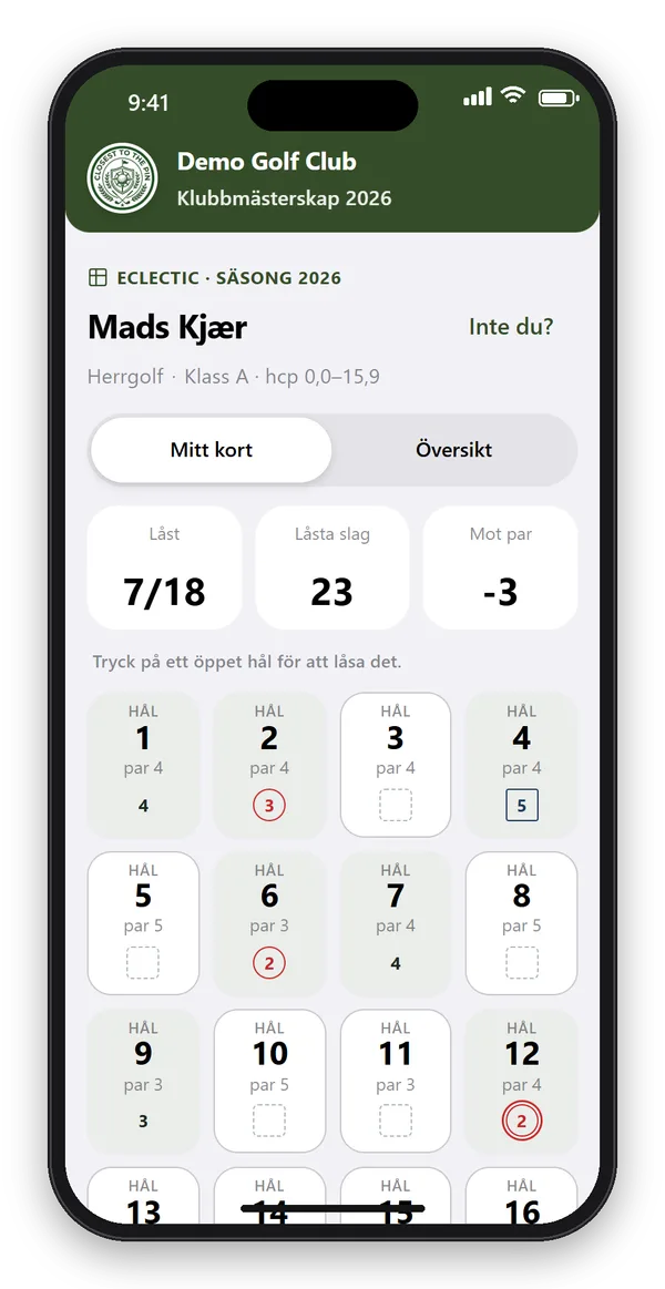 Spelarens eclectic-scorekort i appen: 7 av 18 hål låsta, 23 slag och 3 under par, med birdies markerade med cirkel