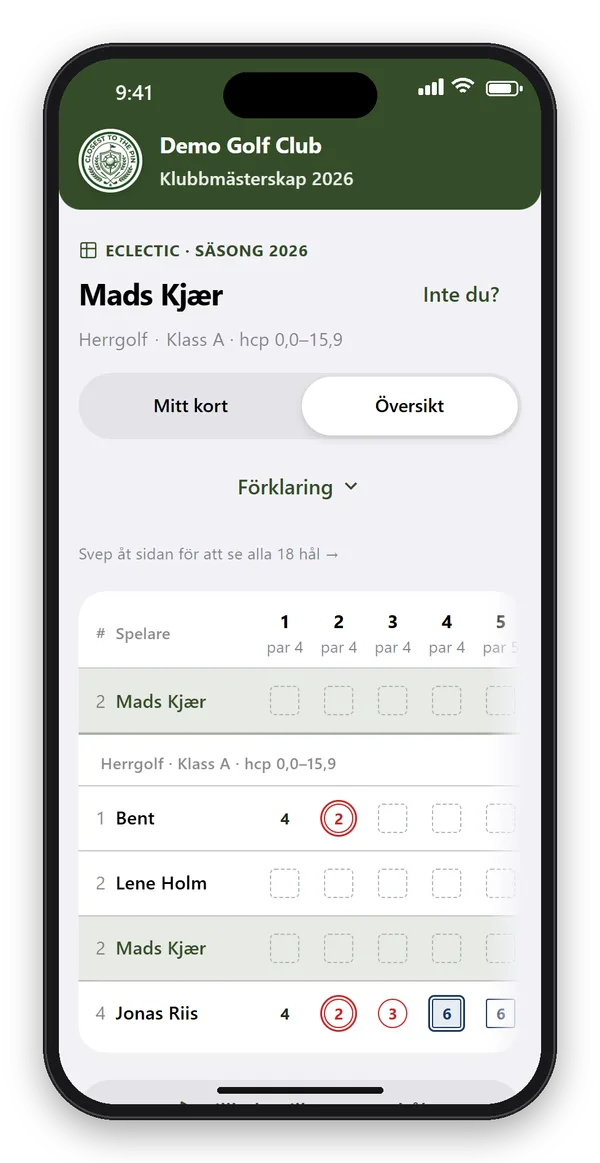 Översikt över eclectic-fältet i appen: spelarna i Herrgolf klass A med sina låsta hål, egen rad överst