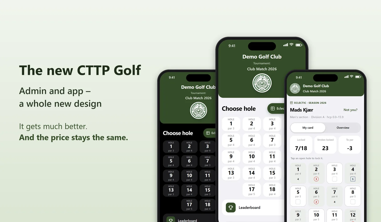 The new CTTP Golf: three phones showing the new app in light and dark theme and the Eclectic scorecard. The price stays the same