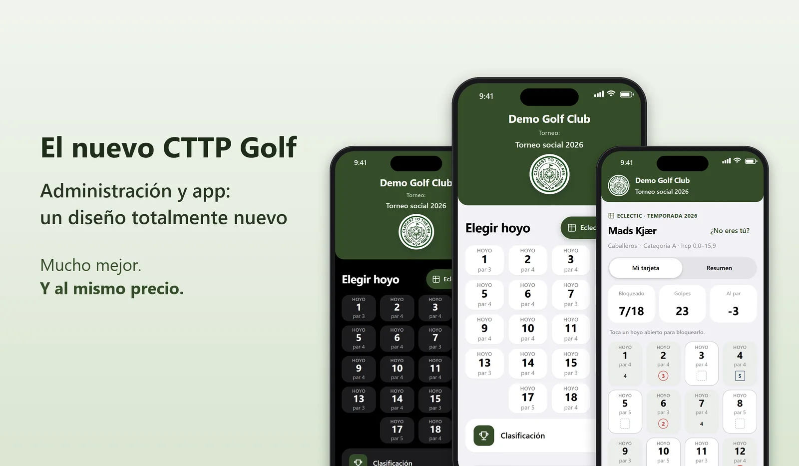 El nuevo CTTP Golf: tres móviles con la nueva app en tema claro y oscuro y la tarjeta Eclectic. Al mismo precio
