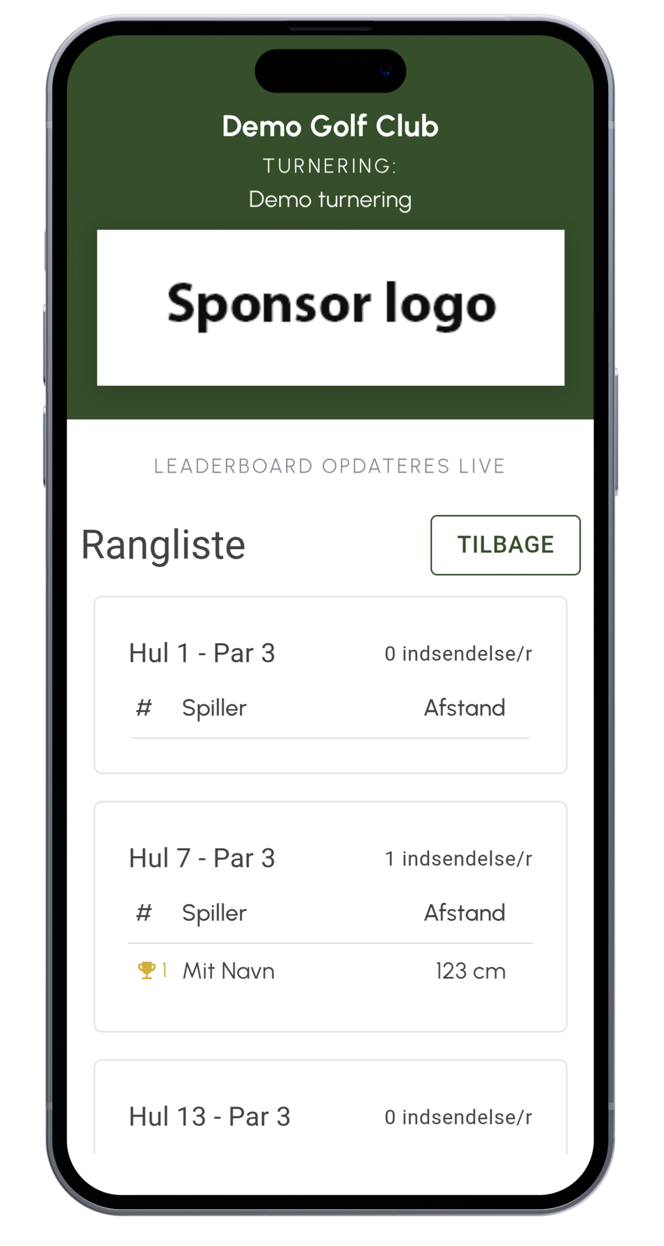 Live leaderboard på mobiltelefon