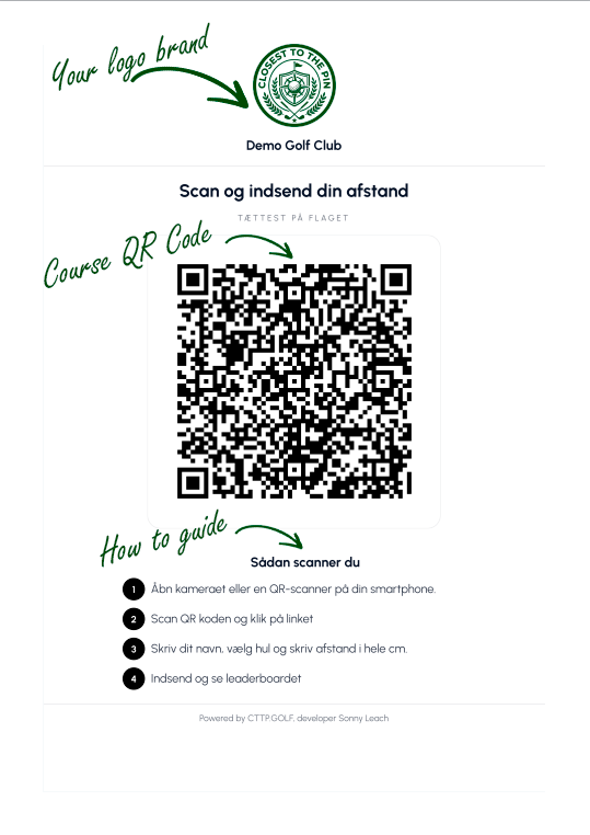 Print-ark med klubbens logo, QR-kode og instruktioner